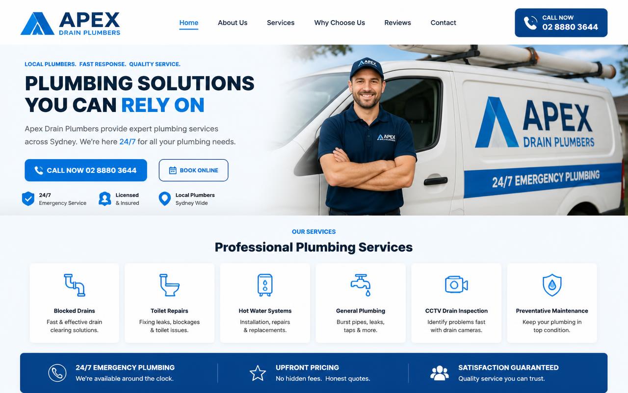 Apex Drain Plumbers website built by Nightshift